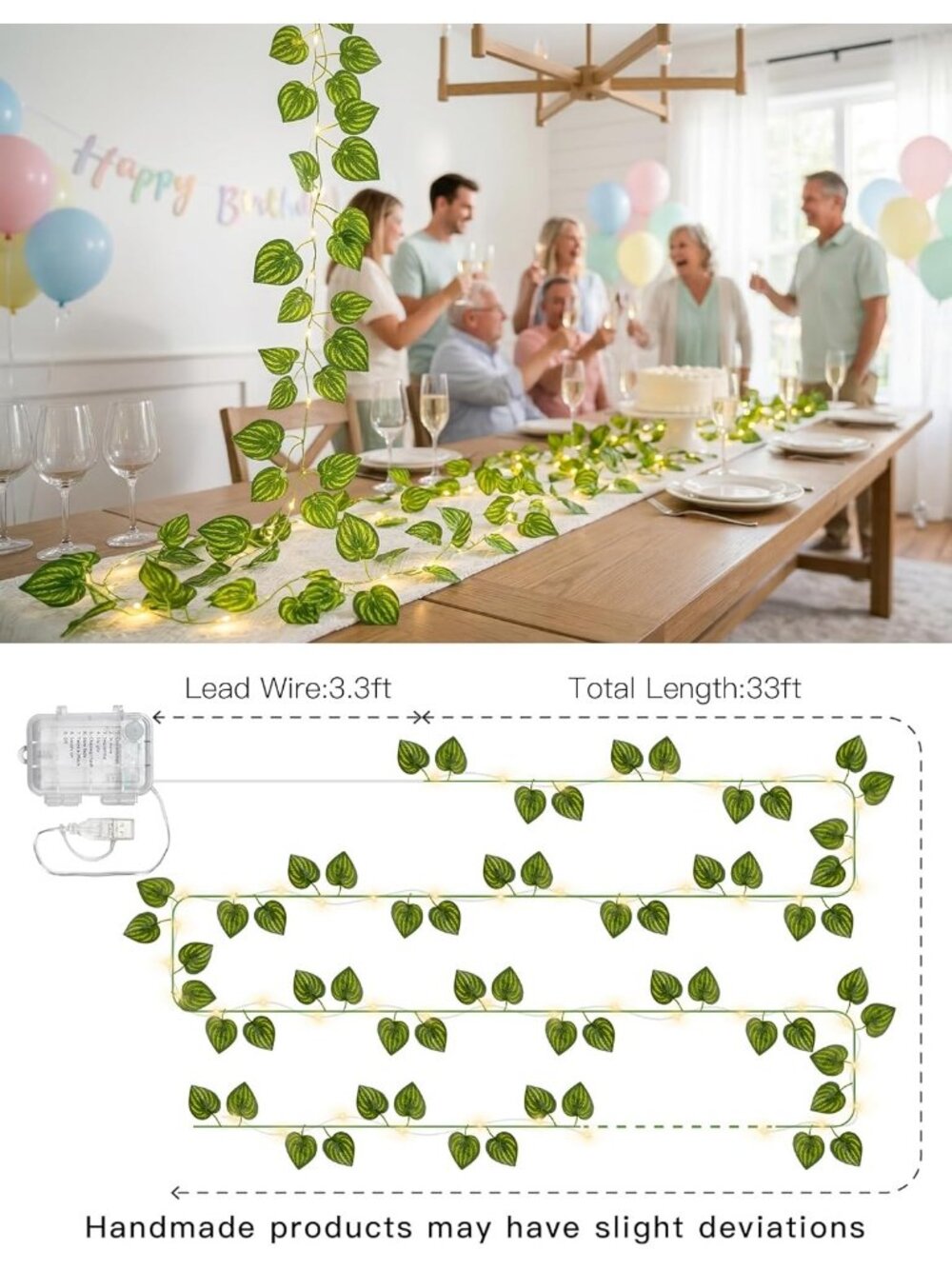 New 33ft 100 LED Watermelon Leaf Fairy Lights with Remote USB Battery Vine Decor - Picture 7 of 7
